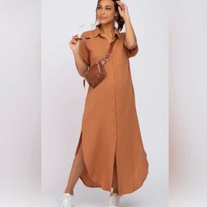 Maternity Camel Brown Button-Front Midi Dress- From Pinkblush